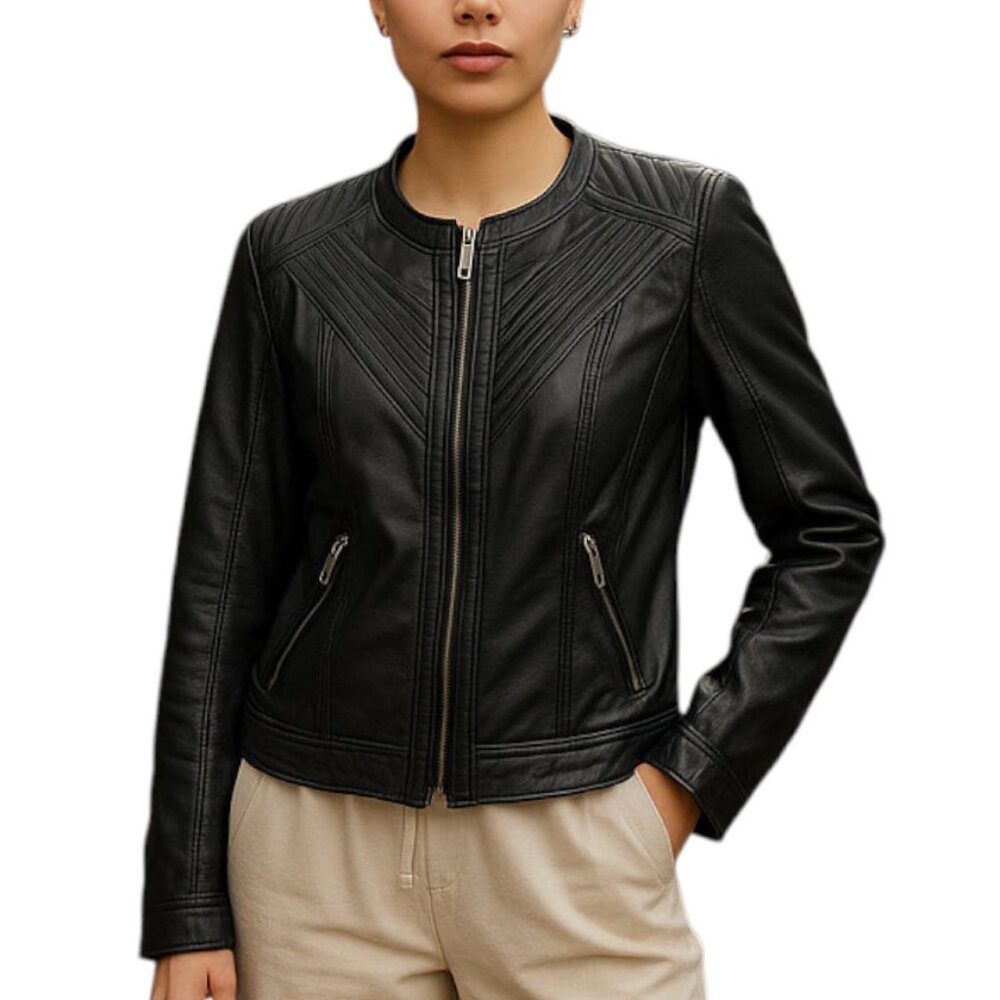 Buckle Black faux Leather Jacket Women's size L zip front , pockets & cuffs